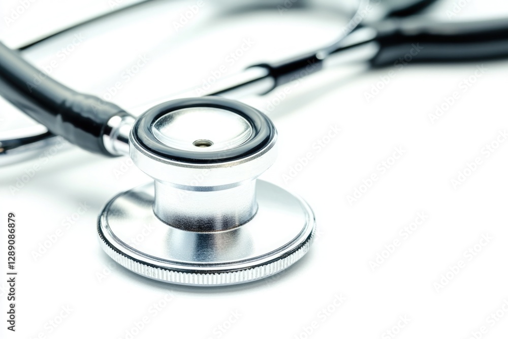 A detailed view of a medical instrument used for listening to heart and lung sounds, on a clean white background A detailed view of a medical instrument used for listening to heart and lung sounds, on a clean white background
