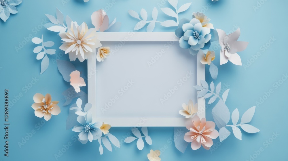 Elegant paper floral frame on blue background with pastel flowers and leaves Elegant paper floral frame on blue background with pastel flowers and leaves