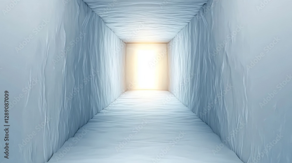 Fototapeta premium Serene White Stone Corridor - A narrow, white stone corridor leads to a bright light at the end, symbolizing hope, journey, future, enlightenment, and a path forward