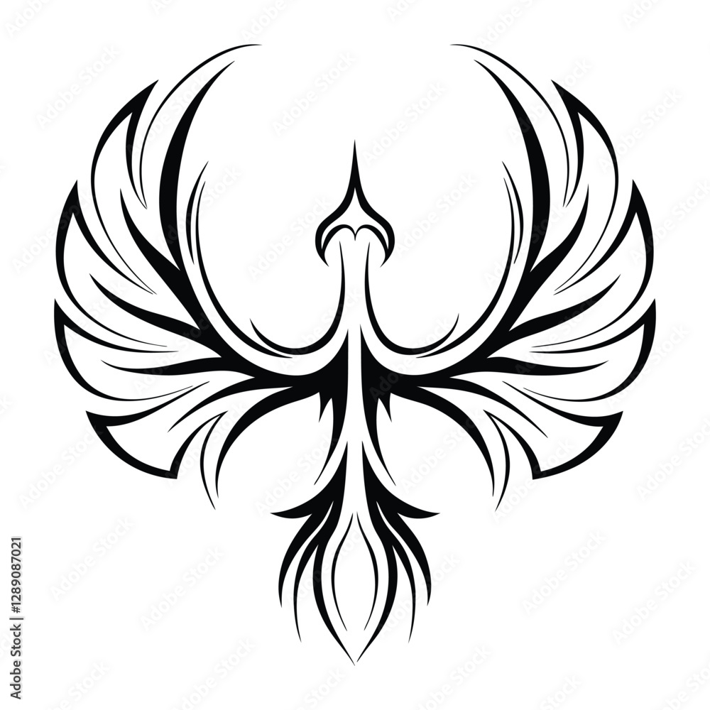 Fototapeta premium Tribal Phoenix Tattoo Design Symbol of Strength and Rebirth. Bold Black Tribal Phoenix Tattoo for Arm, Chest, or Back. Minimalist Phoenix Tattoo in Tribal Style.