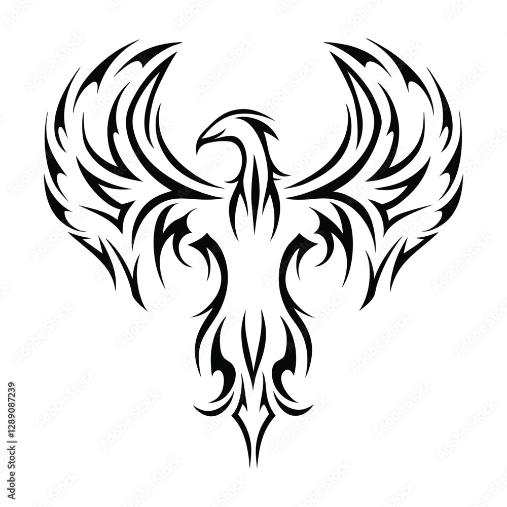 Fototapeta premium Tribal Phoenix Tattoo Design Symbol of Strength and Rebirth. Bold Black Tribal Phoenix Tattoo for Arm, Chest, or Back. Minimalist Phoenix Tattoo in Tribal Style.