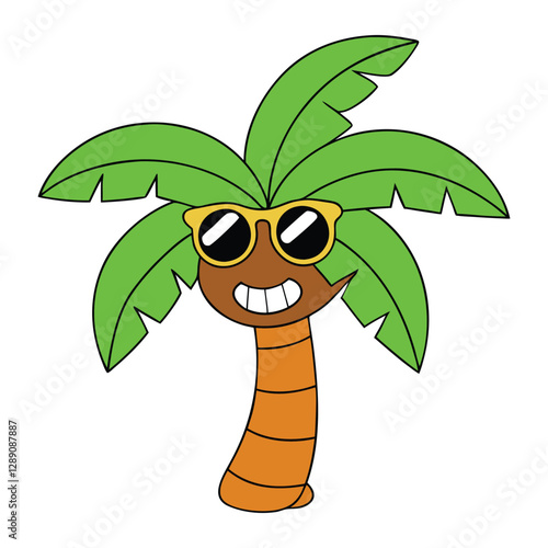 A fun cartoon palm tree with cool sunglasses, a curved trunk, and lively green fronds. It exudes a chill, tropical vibe, perfect for beach or summer-themed designs!