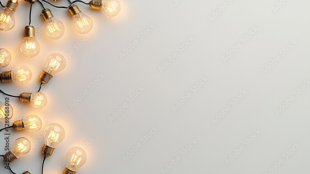 Obraz premium Lit christmas light bulbs hanging from a beige string against a pink wall create a warm, inviting atmosphere background Copy space for text