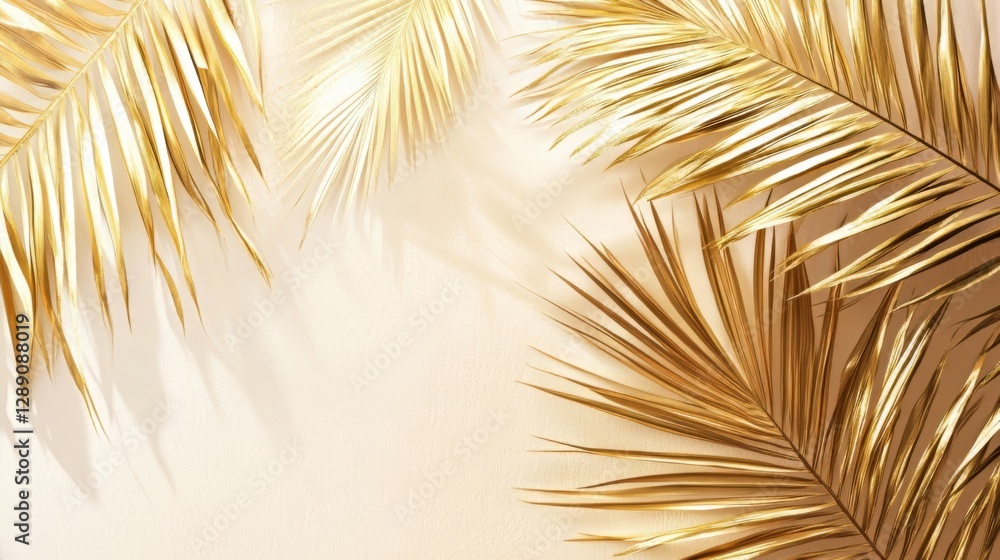 Fototapeta premium Golden palm leaves on light background highlighting tropical elegance