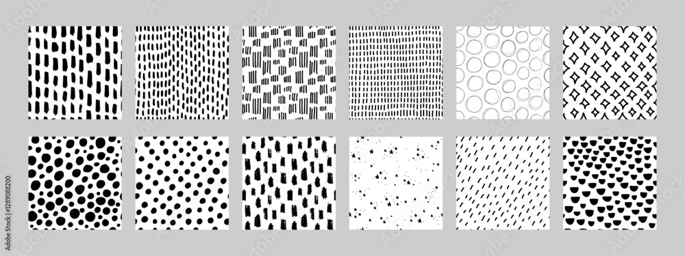 Abstract pattern set. Black and white hand drawn seamless textures collection with playful designs like raindrops, dots, and circles. Great for packaging, stationery, backgrounds, or textile projects.