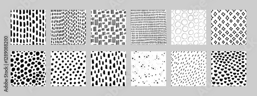 Obraz na płótnie Abstract pattern set. Black and white hand drawn seamless textures collection with playful designs like raindrops, dots, and circles. Great for packaging, stationery, backgrounds, or textile projects. w salonie