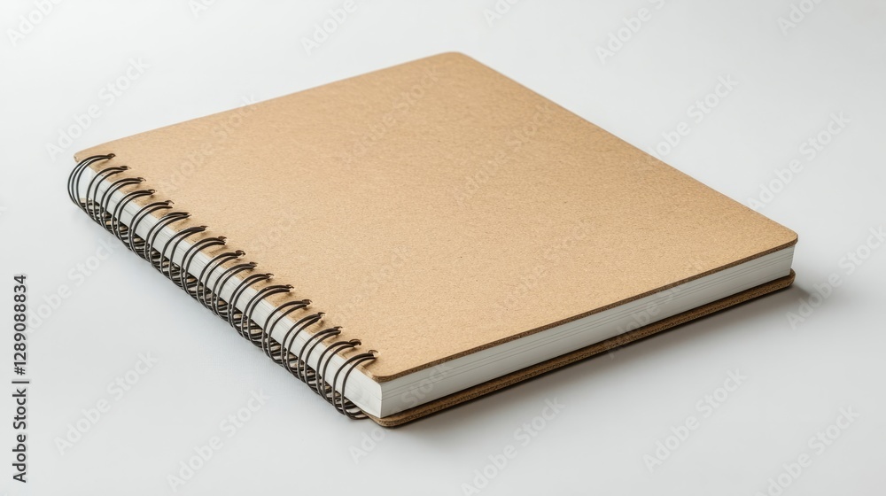 A light brown spiral-bound notebook with sharp corners resting on a white background A light brown spiral-bound notebook with sharp corners resting on a white background