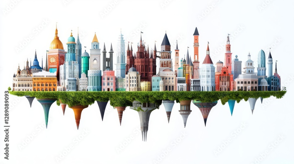 Fototapeta premium A vibrant montage of iconic buildings seamlessly blending with nature.