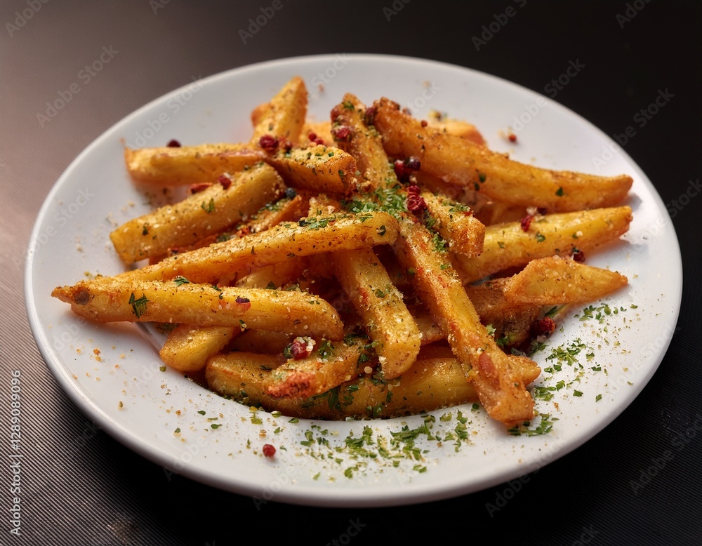Fotografía de estudio profesional de una elegante plato blanco que contiene patatas fritas crujientes, cuidadosamente sazonadas con deliciosas especias. Las patatas fritas son doradas y crujientes Fotografía de estudio profesional de una elegante plato blanco que contiene patatas fritas crujientes, cuidadosamente sazonadas con deliciosas especias. Las patatas fritas son doradas y crujientes