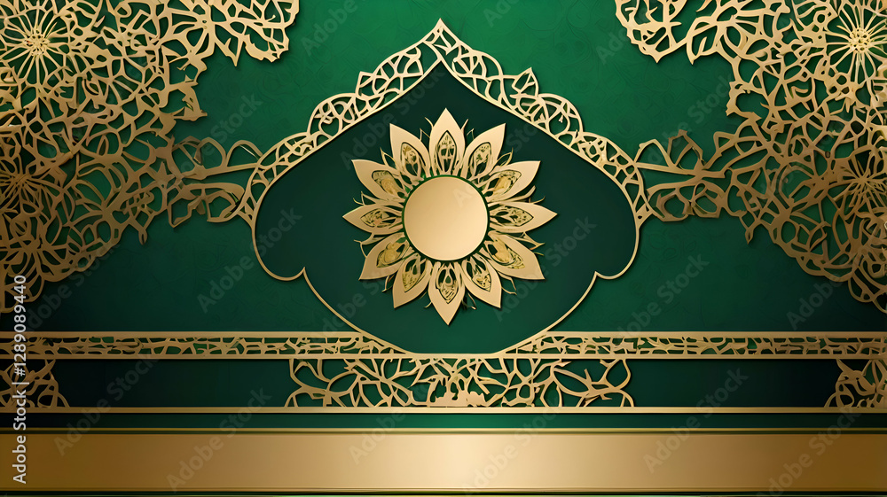 Background with gold ornament. A vibrant and elegant two-tone Islamic border, features a rich emerald green and gold gradient, Background with gold ornament. A vibrant and elegant two-tone Islamic border, features a rich emerald green and gold gradient,