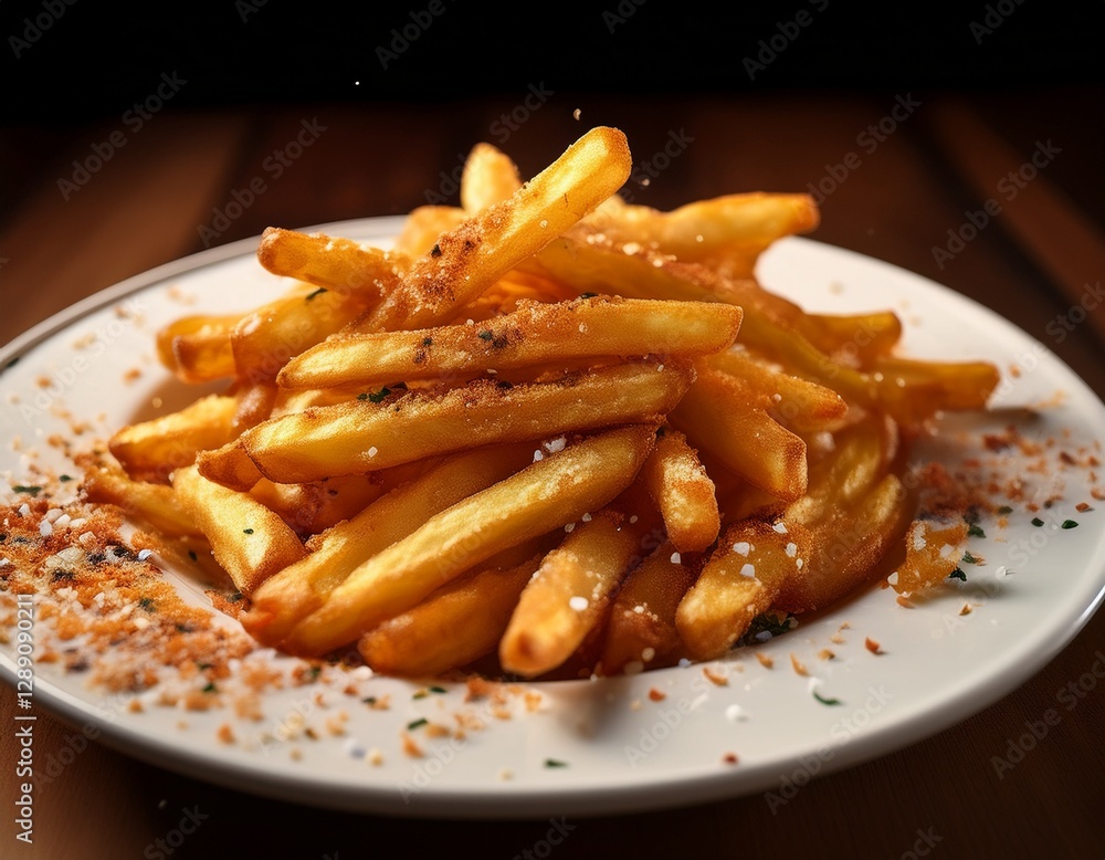 Fotografía de estudio profesional de una elegante plato blanco que contiene patatas fritas crujientes, cuidadosamente sazonadas con deliciosas especias. Las patatas fritas son doradas y crujientes Fotografía de estudio profesional de una elegante plato blanco que contiene patatas fritas crujientes, cuidadosamente sazonadas con deliciosas especias. Las patatas fritas son doradas y crujientes