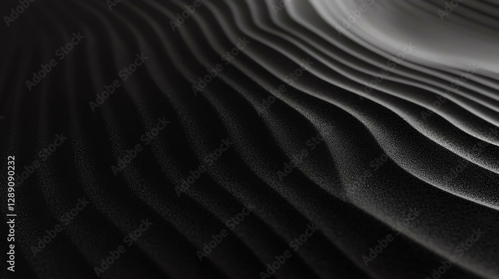 Fototapeta premium Close-up shot of flowing dark sand patterns, showcasing graceful lines and curves that evoke a sense of calm and tranquility in nature.