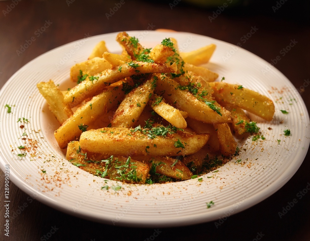 Fotografía de estudio profesional de una elegante plato blanco que contiene patatas fritas crujientes, cuidadosamente sazonadas con deliciosas especias. Las patatas fritas son doradas y crujientes Fotografía de estudio profesional de una elegante plato blanco que contiene patatas fritas crujientes, cuidadosamente sazonadas con deliciosas especias. Las patatas fritas son doradas y crujientes