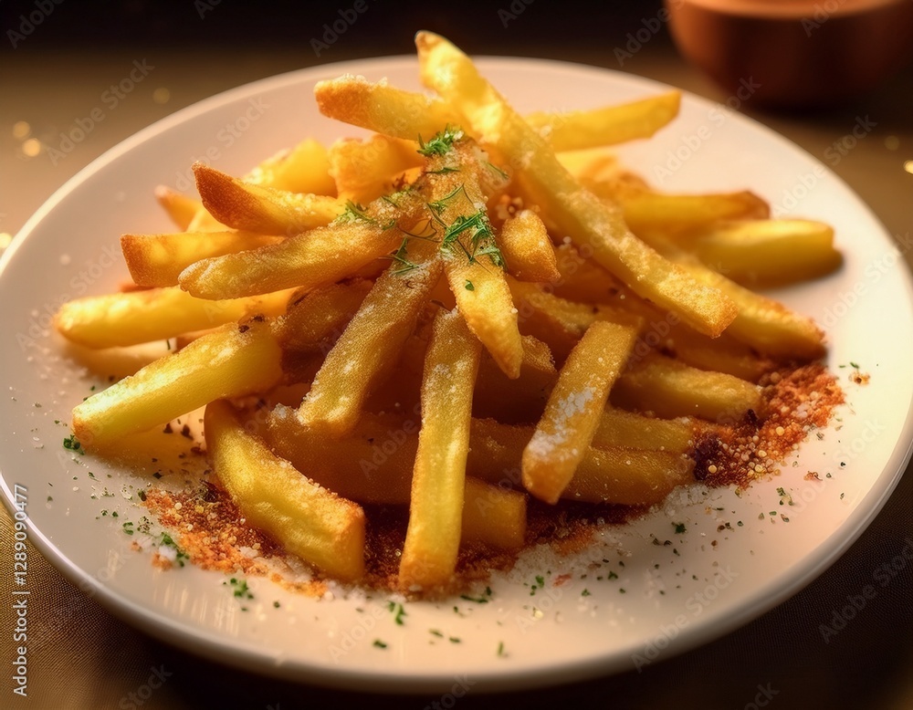 Fotografía de estudio profesional de una elegante plato blanco que contiene patatas fritas crujientes, cuidadosamente sazonadas con deliciosas especias. Las patatas fritas son doradas y crujientes Fotografía de estudio profesional de una elegante plato blanco que contiene patatas fritas crujientes, cuidadosamente sazonadas con deliciosas especias. Las patatas fritas son doradas y crujientes