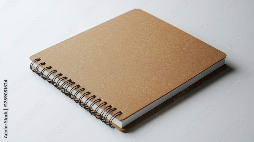A light brown spiral-bound notebook with sharp corners resting on a white background A light brown spiral-bound notebook with sharp corners resting on a white background
