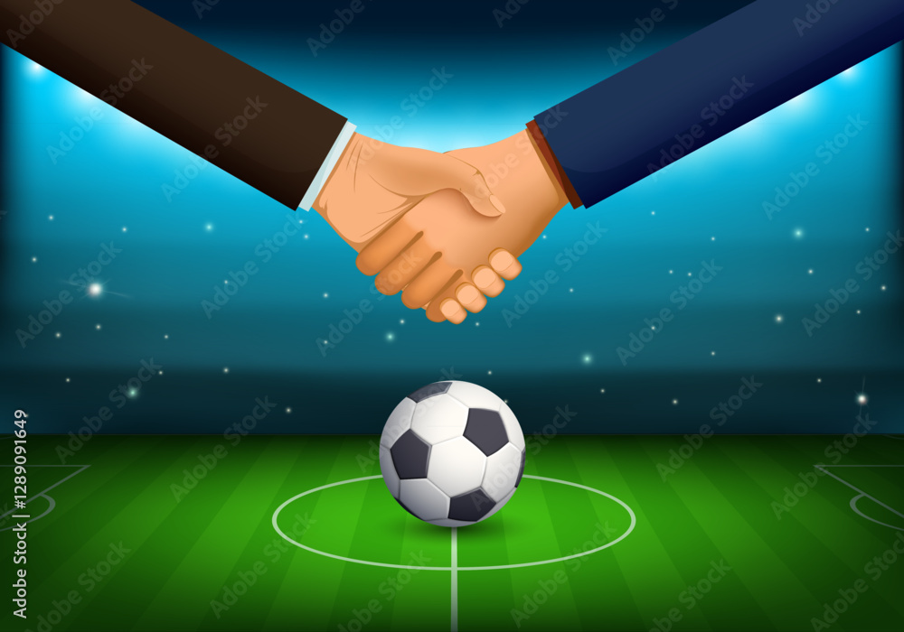 Handshake on the background of a football stadium with a ball. Unfair play and fixed matches. Vector illustration