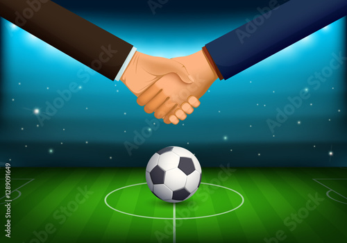 Handshake on the background of a football stadium with a ball. Unfair play and fixed matches. Vector illustration
