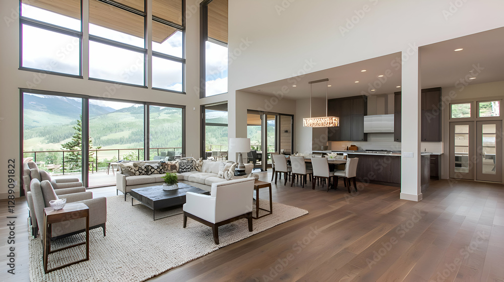 Fototapeta premium Modern Open Plan Home Interior with Mountain View