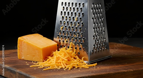 Grating cheddar cheese on a wooden board with metal grater