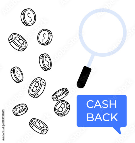 Bitcoin coins scattering, magnifying glass, and Cash Back speech bubble. Ideal for finance, cryptocurrency, rewards, savings, digital economy online transactions investment. Abstract line flat