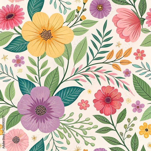 Wallpaper Mural A vibrant floral pattern featuring various colorful flowers and leaves, creating a harmonious and whimsical design.
 Torontodigital.ca