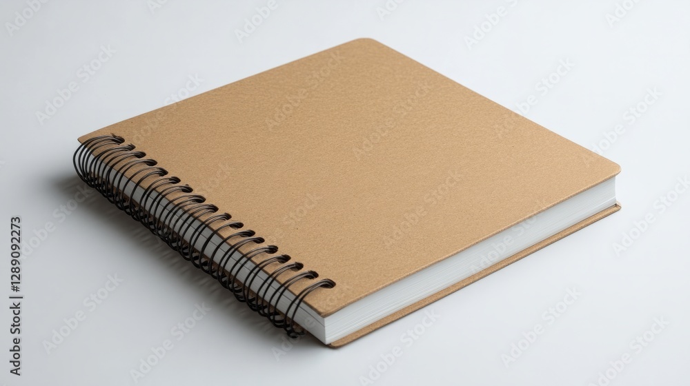 A light brown spiral-bound notebook with sharp corners resting on a white background A light brown spiral-bound notebook with sharp corners resting on a white background