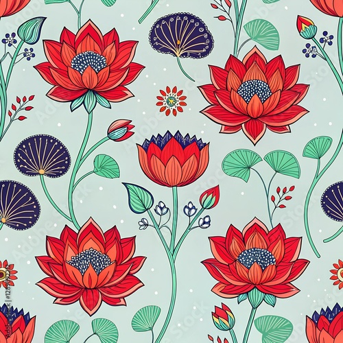 A seamless pattern with pichwai style lotus arranged in a tile-style repeat on a turquoise background. It can be used for printing on various surfaces like textiles and paper or digital work as well. 