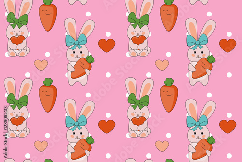 Seamless pattern of rabbits in various poses. Easter. Spring. Vegetables. Carrot . heart. Rodent animal cartoon design. Kawaii. Vector
