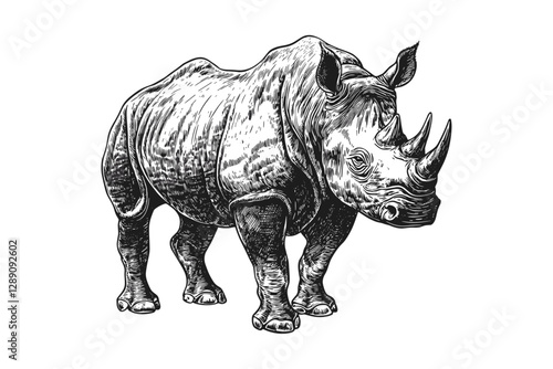Wildlife illustration of a rhinoceros in old engraving style, hand-drawn black sketch effect, antique style print design, large animal, vector, trendy endangered species.