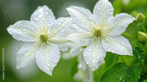 White clematis flowers with dew on green leaves in natural garden setting