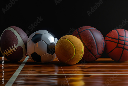 A set of various sport balls placed on a wooden floor, set against a dark black background that highlights their vibrant colors