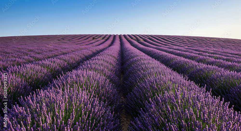 Obraz premium Beautiful field of lavender flowers stretching under a blue sky with copy space