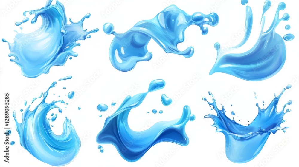 Dynamic blue water splashes on white background highlighting fluid motion Dynamic blue water splashes on white background highlighting fluid motion