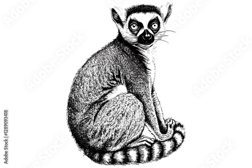 Vintage wildlife illustration, trendy hand-drawn ring-tailed lemur in black sketch, animal art print, lemur sketch, nature wall decor, jungle animal art, wildlife decor.
