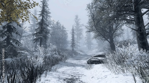 Serene winter landscape with snow-covered path surrounded by frosty trees and misty atmosphere in tranquil natural environment
