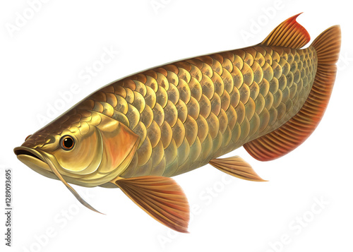 A majestic arowana with shimmering golden scales swimming, isolated on a transparent background photo