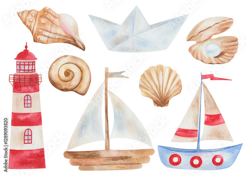 Watercolor illustrations. Sea set. Hand painted sailing vessel, wooden boat, origami paper boat. Sea spiral shells, scallop, oyster with pearl. Light house, beacon. Isolated marine, beach clip art