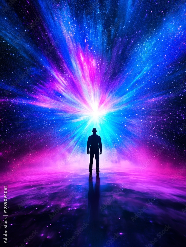 Solitary Figure in Cosmic Expanse - A lone figure contemplates a vibrant, surreal cosmic landscape. Symbolizing introspection, hope, the unknown, inner strength, and spiritual journey Solitary Figure in Cosmic Expanse - A lone figure contemplates a vibrant, surreal cosmic landscape. Symbolizing introspection, hope, the unknown, inner strength, and spiritual journey