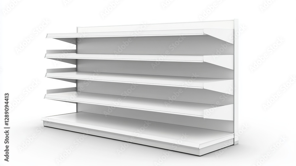 White POS floor display rack with shelving, designed for supermarkets, featuring blank empty displays for product placement. Isolated on a white background White POS floor display rack with shelving, designed for supermarkets, featuring blank empty displays for product placement. Isolated on a white background