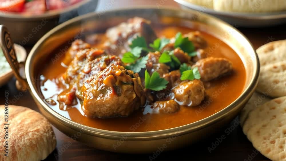 Savory meat dish simmered in rich sauce with fresh herbs in a traditional setting Savory meat dish simmered in rich sauce with fresh herbs in a traditional setting