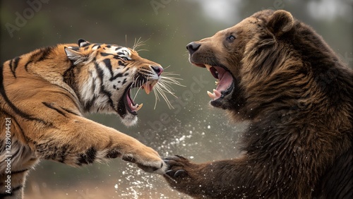 Wild Confrontation: A fierce showdown unfolds as a tiger and a bear lock eyes and clash, their open mouths roaring in a dramatic display of raw power, intensity, and primal instincts