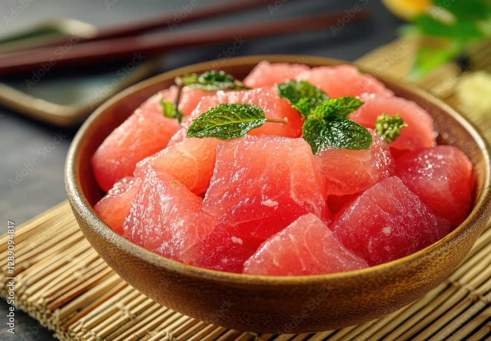 Fresh Ahi Tuna Cubes with Mint Leaves in a Wooden Bowl on a Bamboo Mat Surrounded by Asian-Inspired Decorations and Chopsticks Fresh Ahi Tuna Cubes with Mint Leaves in a Wooden Bowl on a Bamboo Mat Surrounded by Asian-Inspired Decorations and Chopsticks