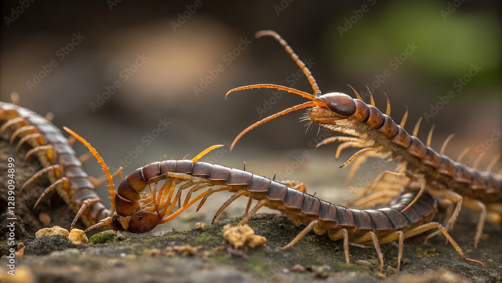 Obraz premium Centipede Gathering: A macro shot capturing a group of centipedes engaged in activity on a textured surface, emphasizing their intricate details and exoskeletons.
