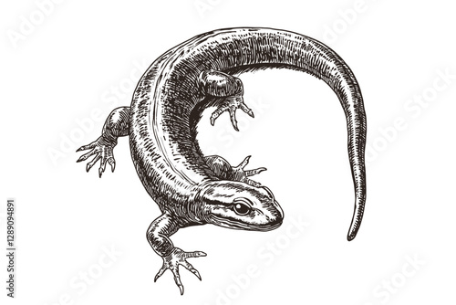Salamander black sketch effect, vintage illustration, hand-drawn amphibian art, trendy design, wildlife print, old engraving style, white background, nature-inspired artwork.