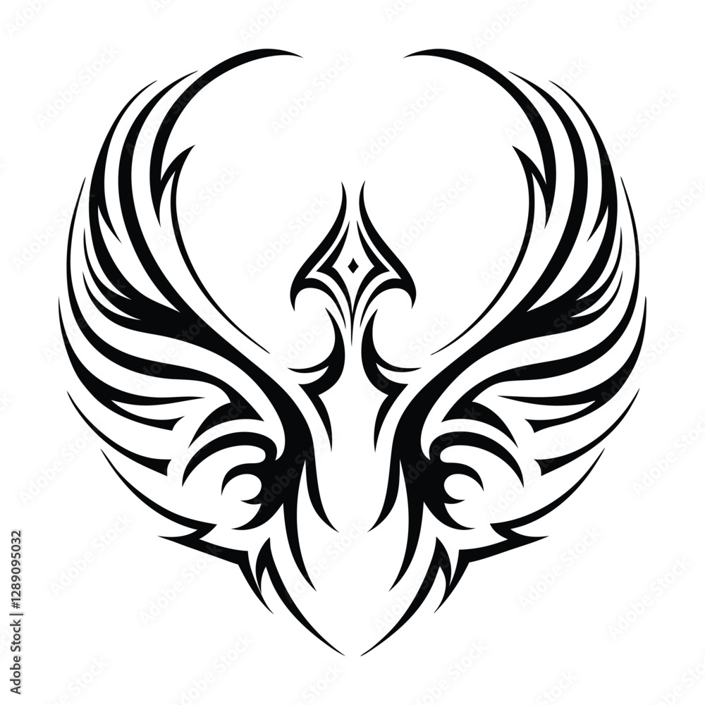Fototapeta premium Tribal Phoenix Tattoo Design Symbol of Strength and Rebirth. Bold Black Tribal Phoenix Tattoo for Arm, Chest, or Back. Minimalist Phoenix Tattoo in Tribal Style.