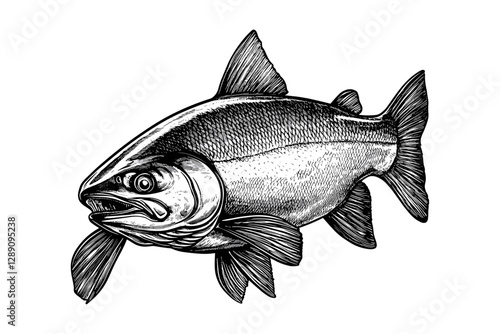 Aquatic art with hand-drawn salmon, wildlife print, old engraving style, vintage illustration, black sketch effect, white background, trendy design, nature-inspired, ocean art.