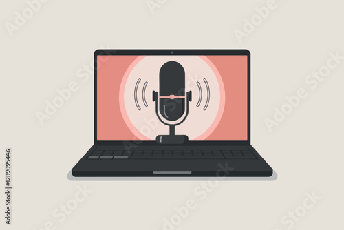 Studio microphone on laptop screen, technology and podcast concept