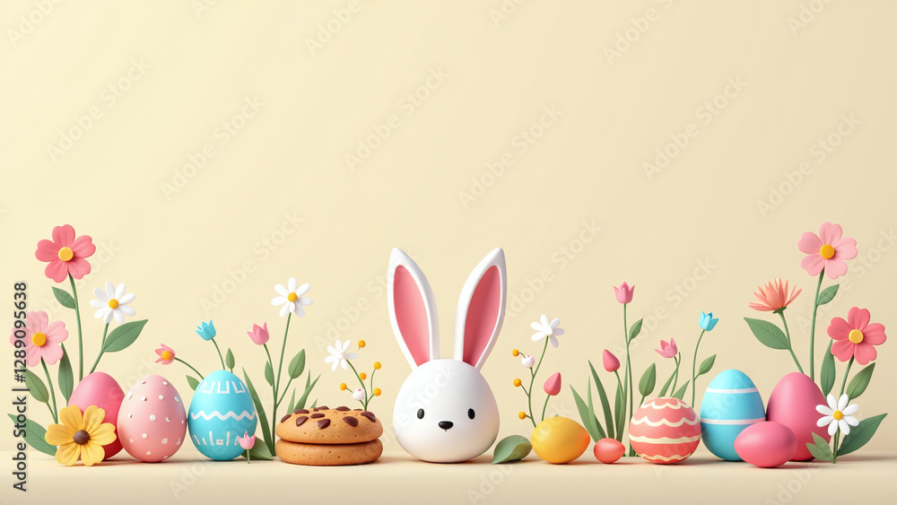 Obraz premium colorful easter decorations feature easter bunny ears eggs flowers cookie isolated beige