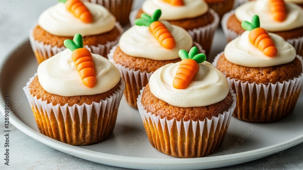 Delicious carrot cupcakes with cream cheese frosting and fondant carrots on a plate Delicious carrot cupcakes with cream cheese frosting and fondant carrots on a plate