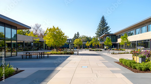 Modern Campus Courtyard with Landscaping and Benches